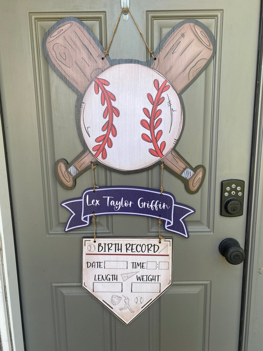 Baseball and home plate baby hospital door hanger, Birth