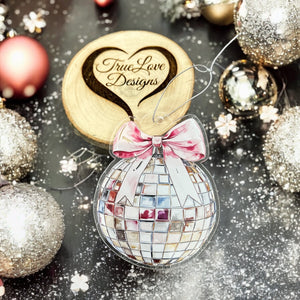 Disco Ball with Bow, Acrylic Christmas Ornament